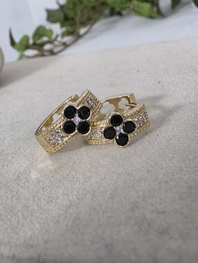 Gold Filled Huggie Hoop Earrings CZ Black Clover Flower Design
